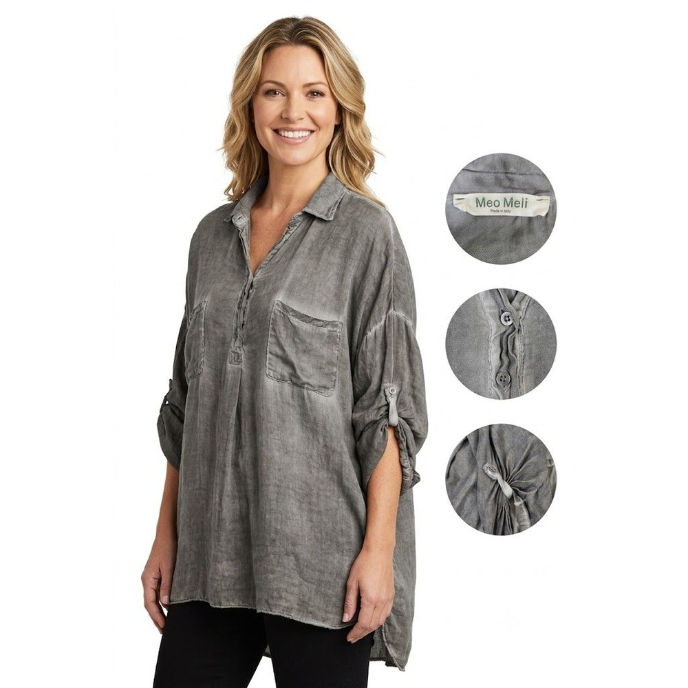 Meo Meli Made In Italy Gray Cotton Lagenlook Tunic Shirt Button Back Roll Tab